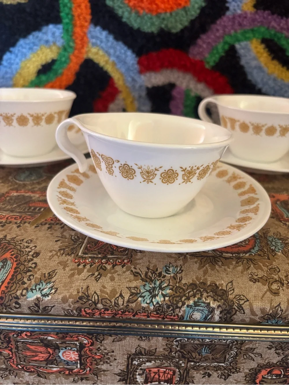 Three Vintage Corelle Butterfly Gold Tea Cups and Saucers